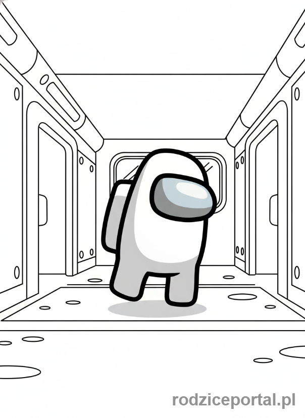 Kolorowanka Among Us - Czerwony załogant idący przez korytarz.