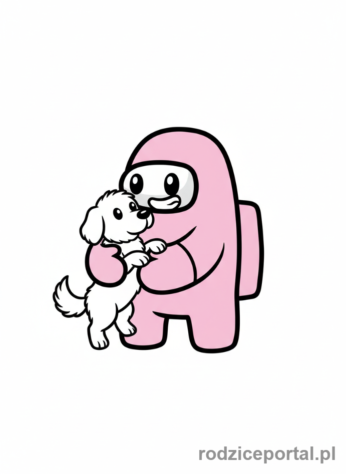 Kolorowanka Among Us - Różowy załogant z małym pieskiem.