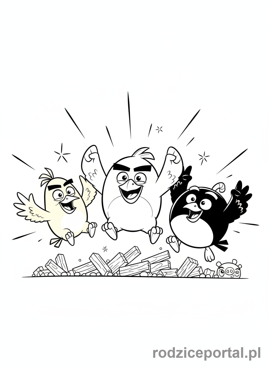 Kolorowanka Angry Birds - Red, Chuck i Bomb z gry Angry Birds, świętujący razem