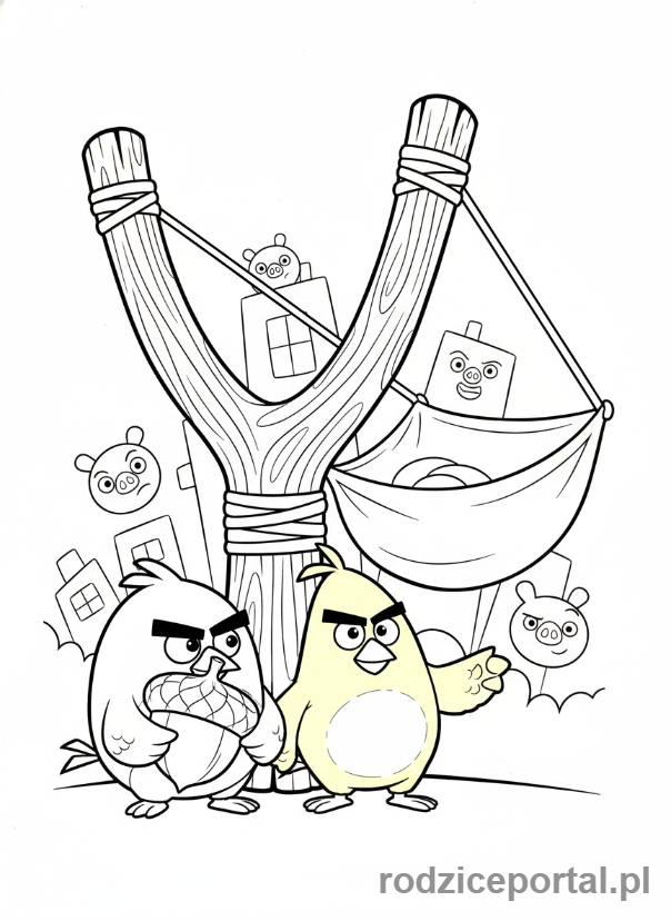 Kolorowanka Angry Birds - Red i Chuck z gry Angry Birds, pracujący razem przy procy