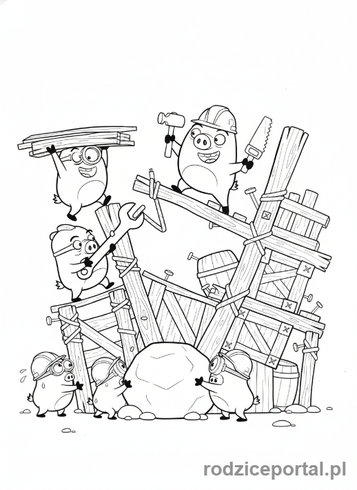 Kolorowanka Angry Birds - Świnie z gry Angry Birds, budujące konstrukcję z drewna