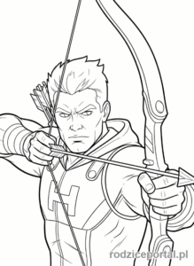 Kolorowanka Avengers - Hawkeye celujący z łuku