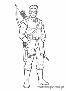 Kolorowanka Avengers - Hawkeye stojący z łukiem na ramieniu