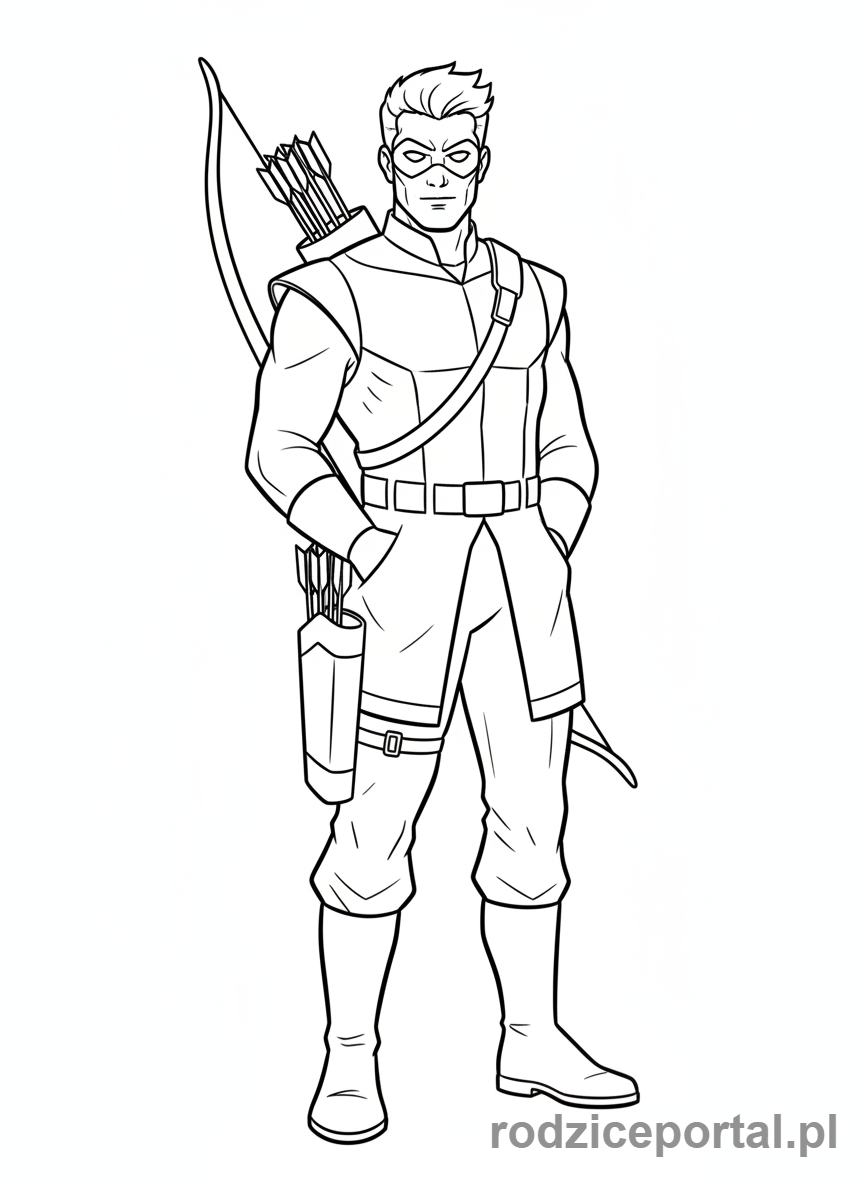 Kolorowanka Avengers - Hawkeye stojący z łukiem na ramieniu