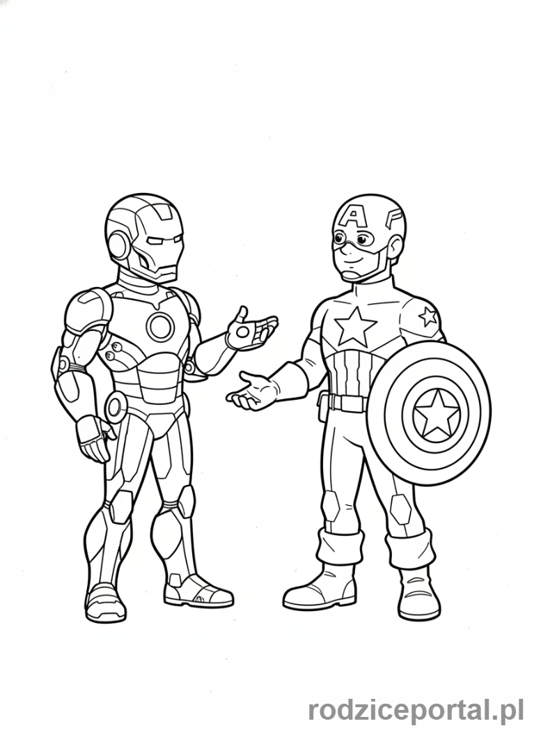 Kolorowanka Avengers - Iron Man i Kapitan Ameryka rozmawiający ze sobą