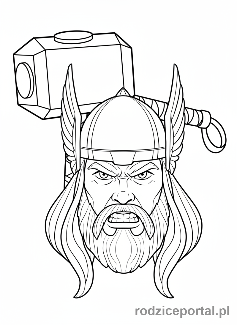 Kolorowanka Avengers - Zbliżenie na twarz Thora z młotem