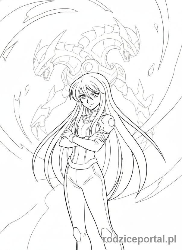 Kolorowanka Bakugan - Alice Gehabich stojąca tajemniczo, z cieniem Hydranoida.