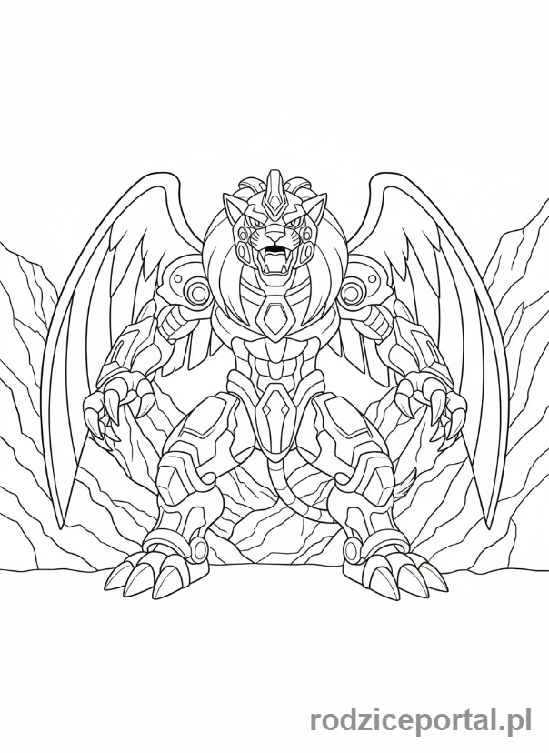 Kolorowanka Bakugan - Bakugan Leonidas, unikalny Bakugan, w potężnej pozie.