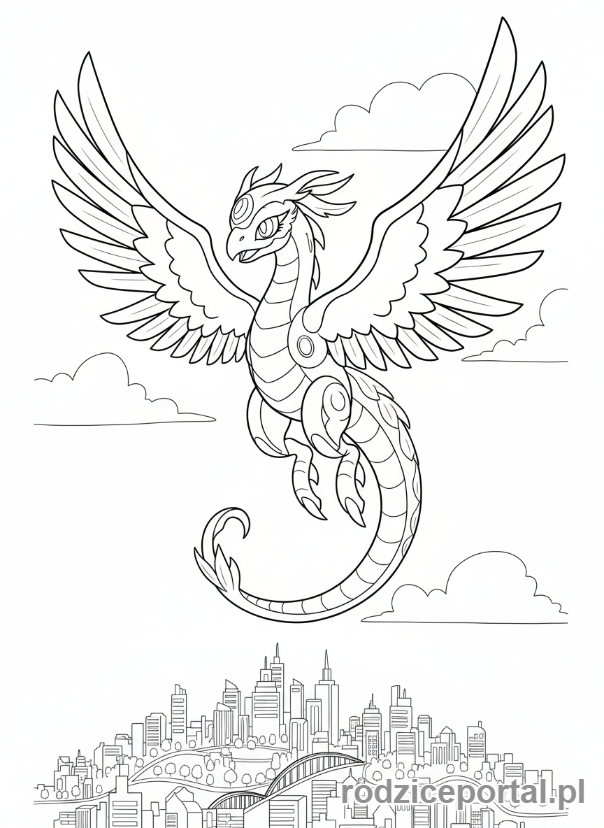 Kolorowanka Bakugan - Bakugan Skyress szybujący wysoko nad miastem.