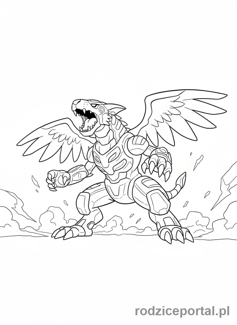 Kolorowanka Bakugan - Bakugan Tigrerra w zaciętej pozie bojowej.