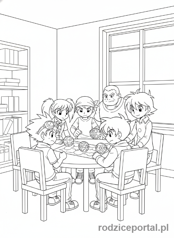 Kolorowanka Bakugan - Brawlers siedzący wokół stołu, planujący strategię.