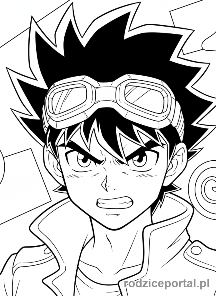 Kolorowanka Bakugan - Close-up na twarz Dana Kuso, z determinowanym wyrazem.