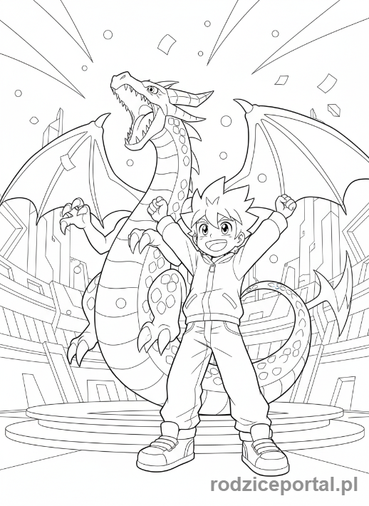 Kolorowanka Bakugan - Dan i Drago świętujący zwycięstwo po bitwie.