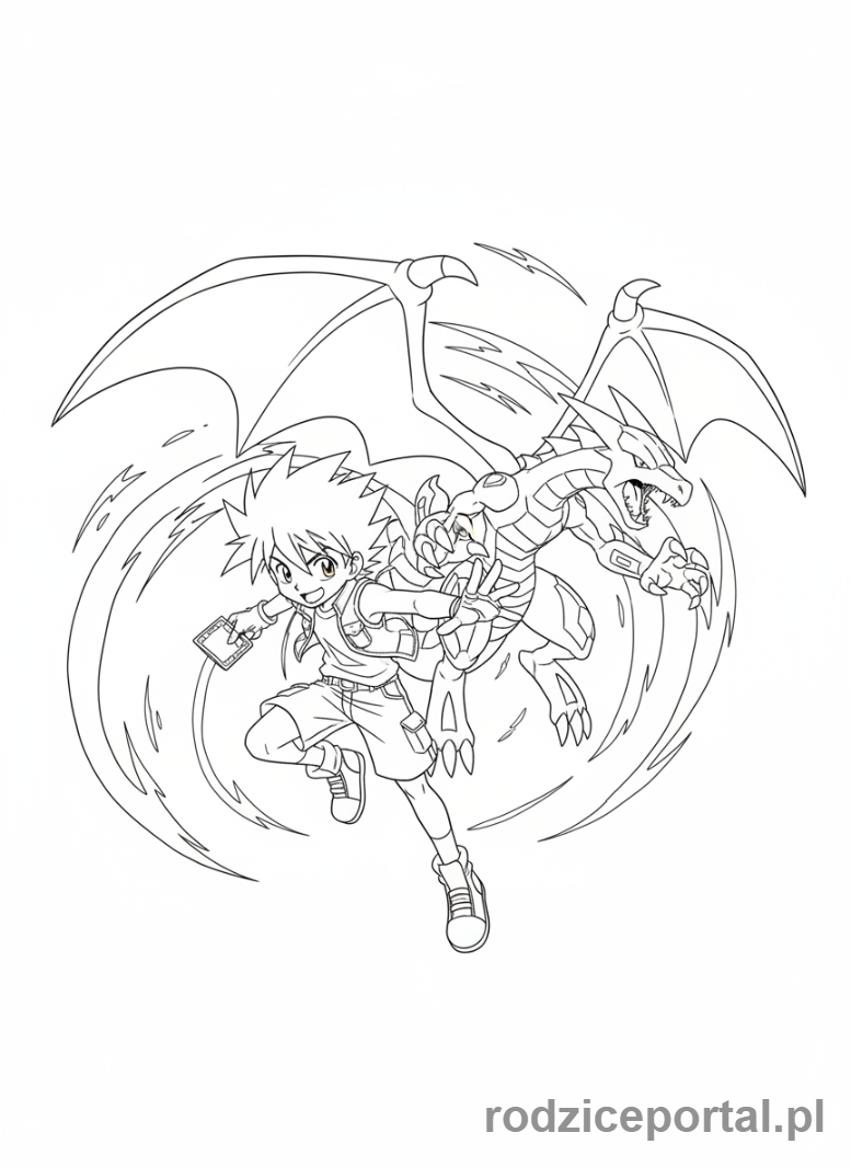 Kolorowanka Bakugan - Dan i Drago w powietrzu, wykonujący wspólny atak.