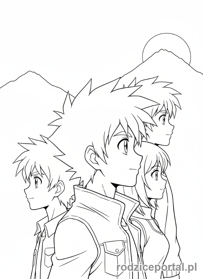 Kolorowanka Bakugan - Dan Kuso i inni Brawlers patrzący w dal z nadzieją.