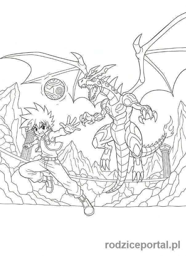 Kolorowanka Bakugan - Dan Kuso z Bakuganem Dragonoidem w dynamicznej pozie bojowej.