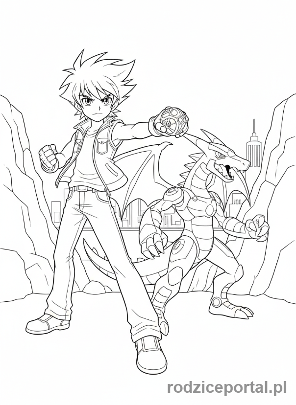 Kolorowanka Bakugan - Dan Kuso z Drago w dynamicznej pozie