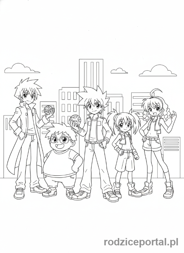Kolorowanka Bakugan - Grupa głównych bohaterów Bakugan: Dan, Shun, Marucho, Runo, Julie.
