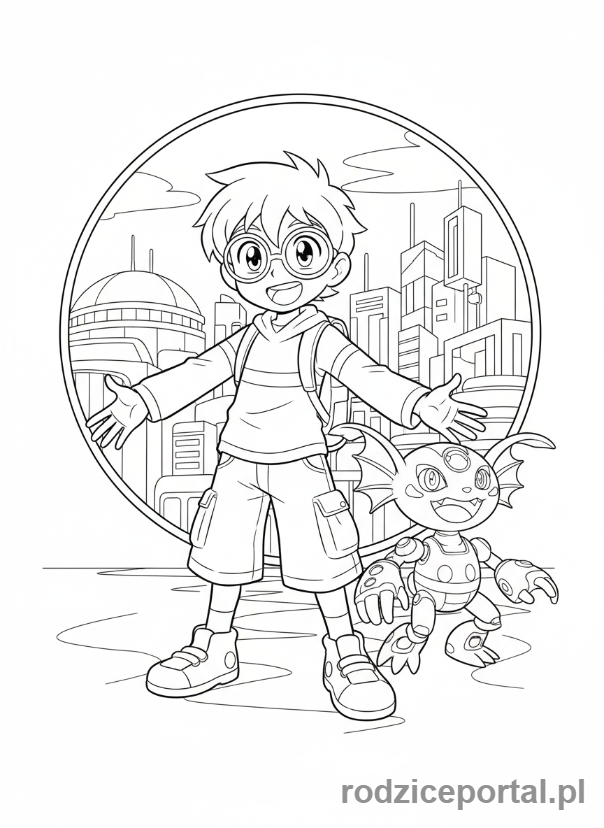 Kolorowanka Bakugan - Marucho Marukura ze swoim Bakuganem Preyasem, uśmiechnięci.