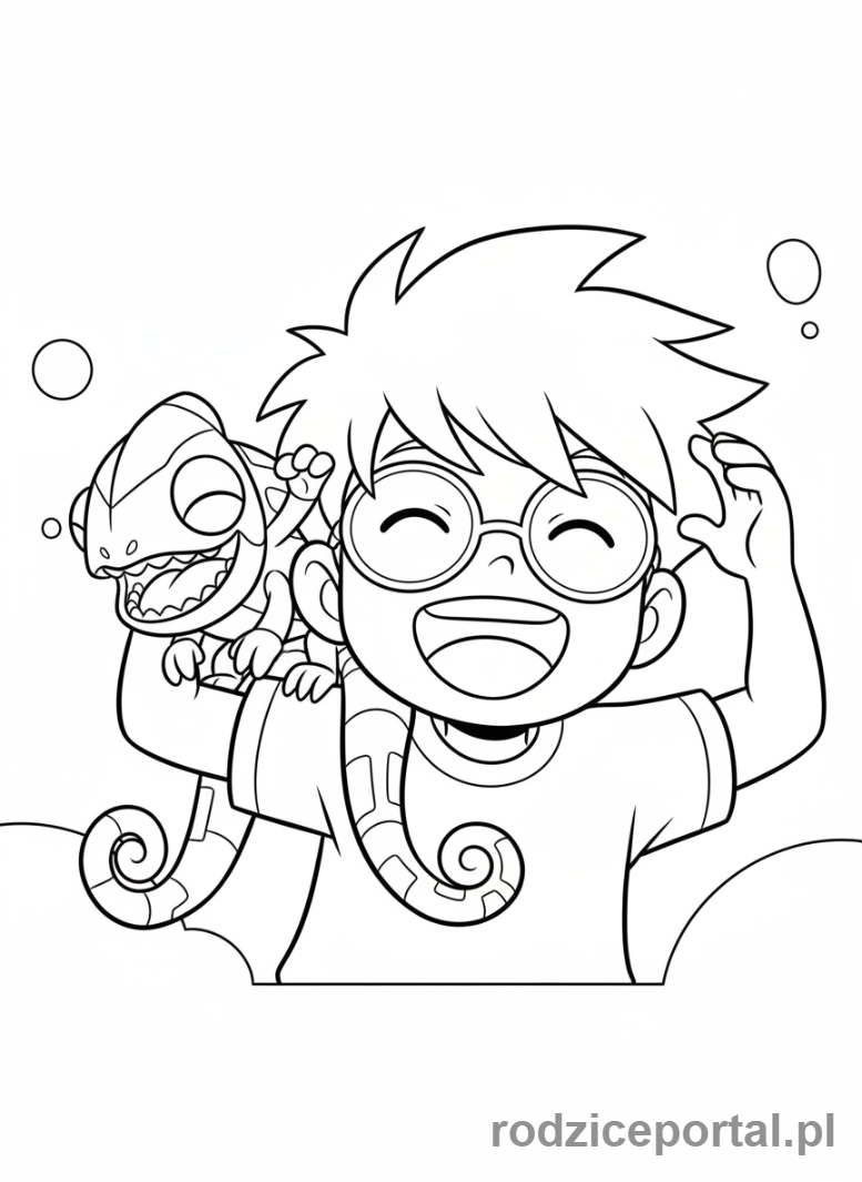 Kolorowanka Bakugan - Marucho śmiejący się z Preyasem na ramieniu.