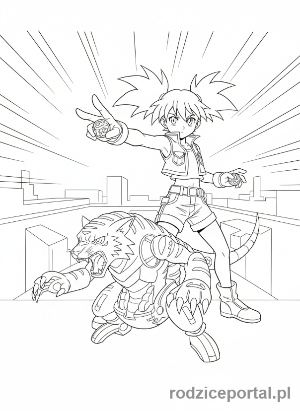 Kolorowanka Bakugan - Runo Misaki z Bakuganem Tigrerra, gotowi do akcji.