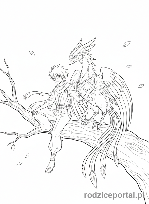Kolorowanka Bakugan - Shun i Skyress w spokojnej pozie, na gałęzi drzewa.
