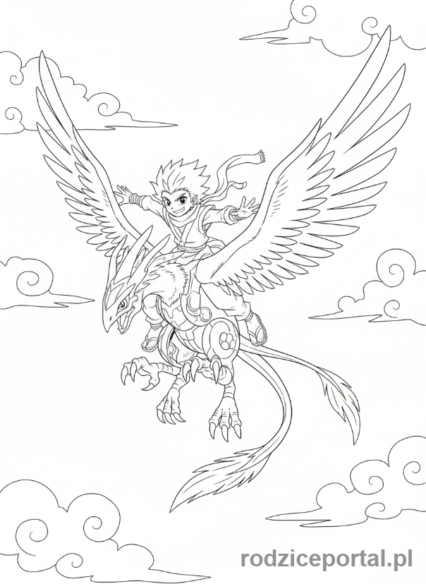 Kolorowanka Bakugan - Shun Kazami i jego Bakugan Skyress lecący w powietrzu.