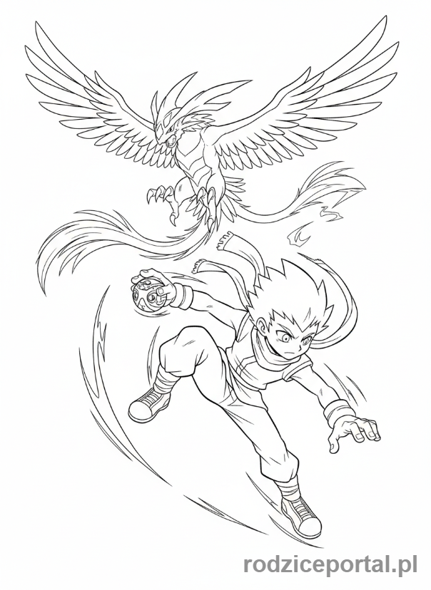 Kolorowanka Bakugan - Shun wykonujący akrobatyczny unik, z Bakuganem Skyress w tle.