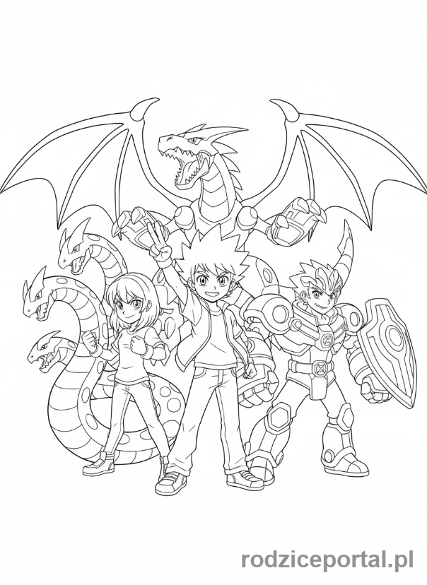 Kolorowanka Bakugan - Zestaw głównych bohaterów z ich Bakuganami