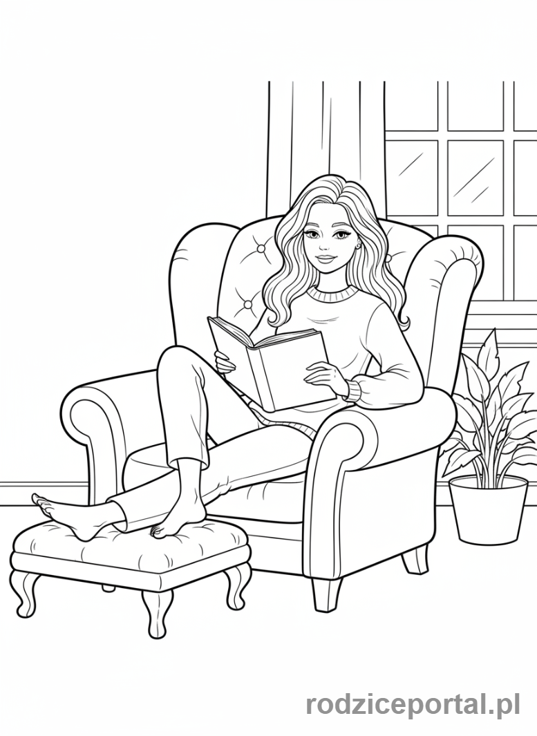 Kolorowanka Barbie - Barbie czytająca książkę w fotelu.
