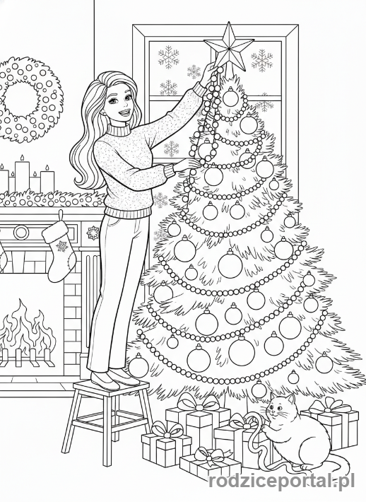 Kolorowanka Barbie - Barbie dekorująca choinkę.