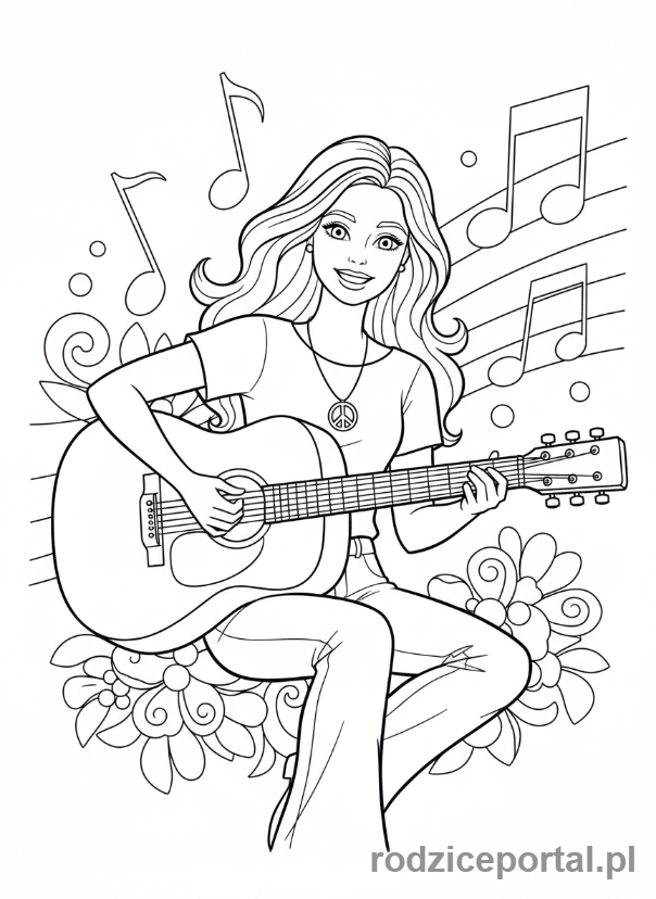 Kolorowanka Barbie - Barbie grająca na gitarze.