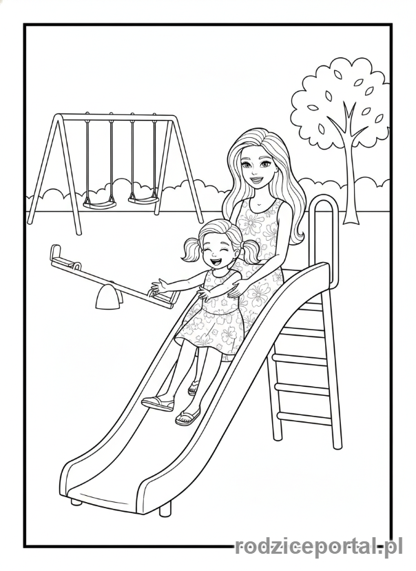 Kolorowanka Barbie - Barbie i Chelsea na placu zabaw.