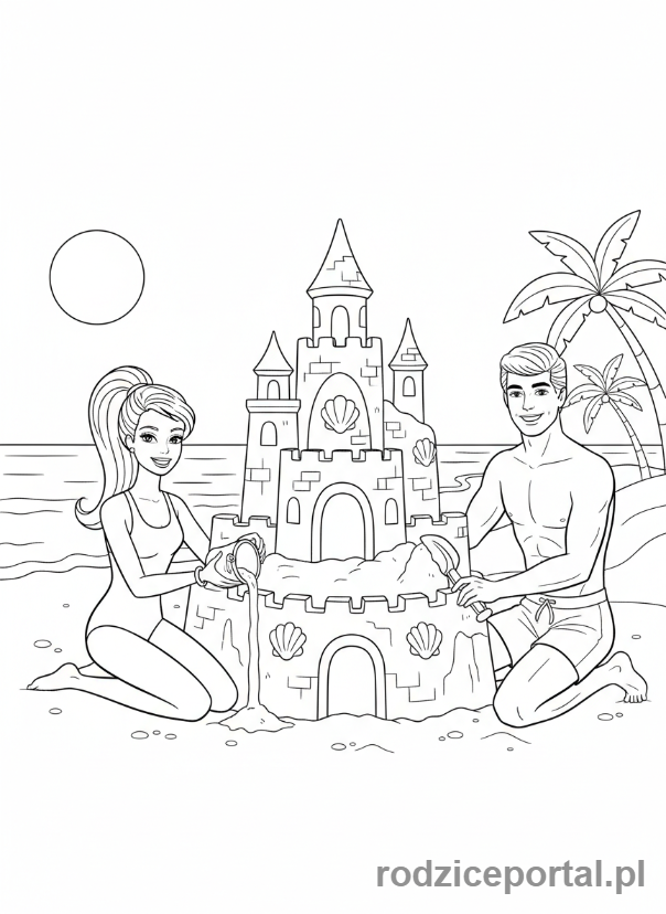 Kolorowanka Barbie - Barbie i Ken budujący zamek z piasku.