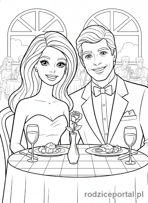 Kolorowanka Barbie - Barbie i Ken na randce w restauracji.
