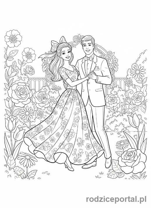 Kolorowanka Barbie - Barbie i Ken tańczący w ogrodzie.