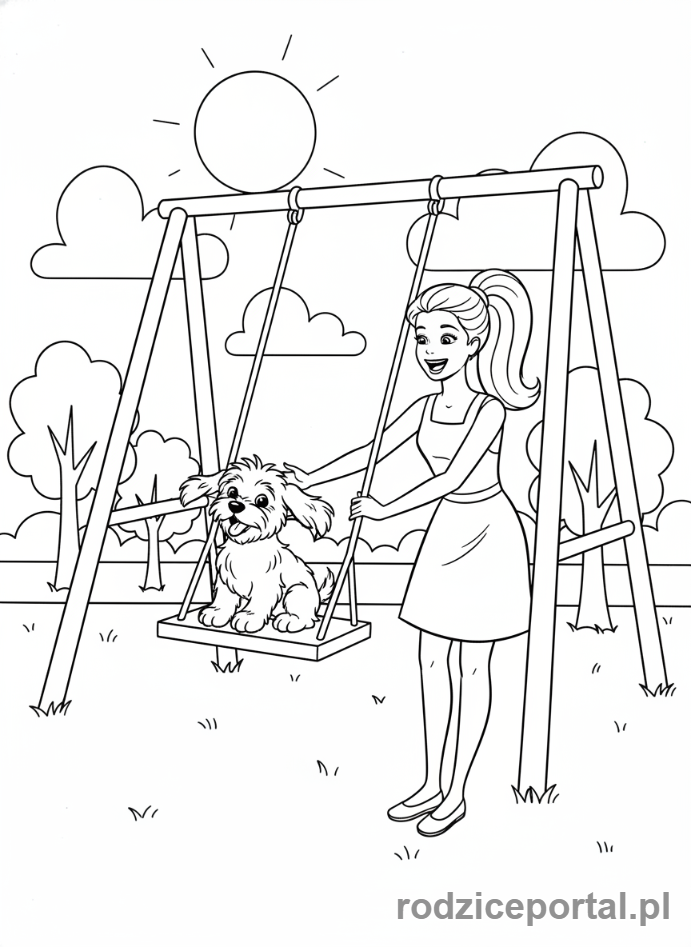 Kolorowanka Barbie - Barbie i piesek na huśtawce.