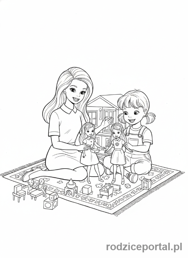 Kolorowanka Barbie - Barbie i Skipper bawiące się lalkami.