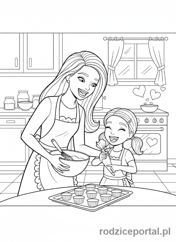 Kolorowanka Barbie - Barbie i Stacie piekące babeczki.