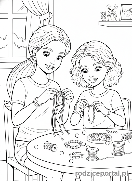 Kolorowanka Barbie - Barbie i Stacie robiące bransoletki.