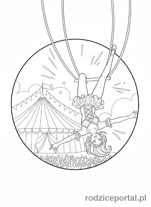 Kolorowanka Barbie - Barbie jako akrobatka na trapezie.