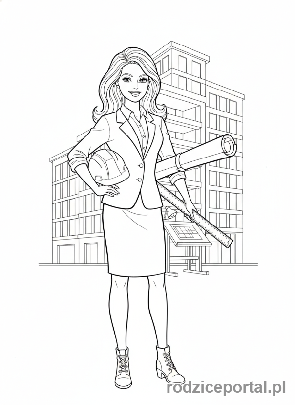 Kolorowanka Barbie - Barbie jako architektka ze szkicami.