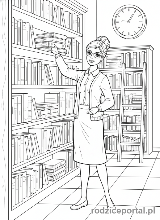 Kolorowanka Barbie - Barbie jako bibliotekarka z książkami.