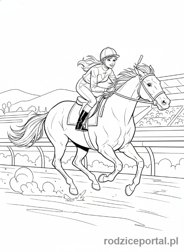 Kolorowanka Barbie - Barbie jako dżokejka w wyścigach konnych.