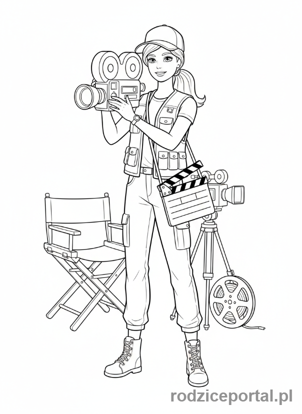 Kolorowanka Barbie - Barbie jako filmowiec z kamerą.