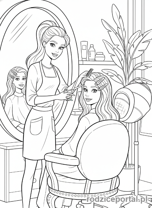 Kolorowanka Barbie - Barbie jako fryzjerka czesząca klientkę.