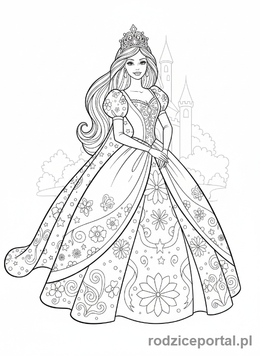 Kolorowanka Barbie - Barbie jako księżniczka z koroną.