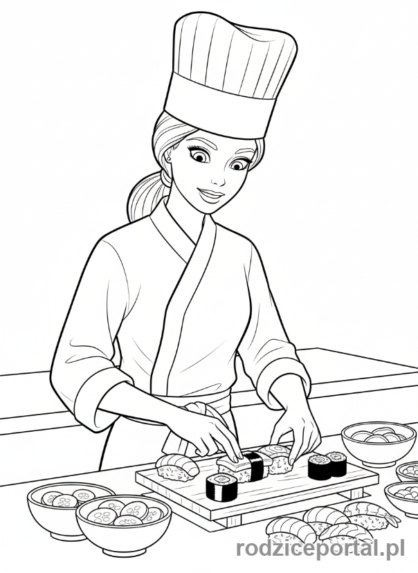 Kolorowanka Barbie - Barbie jako kucharz sushi.
