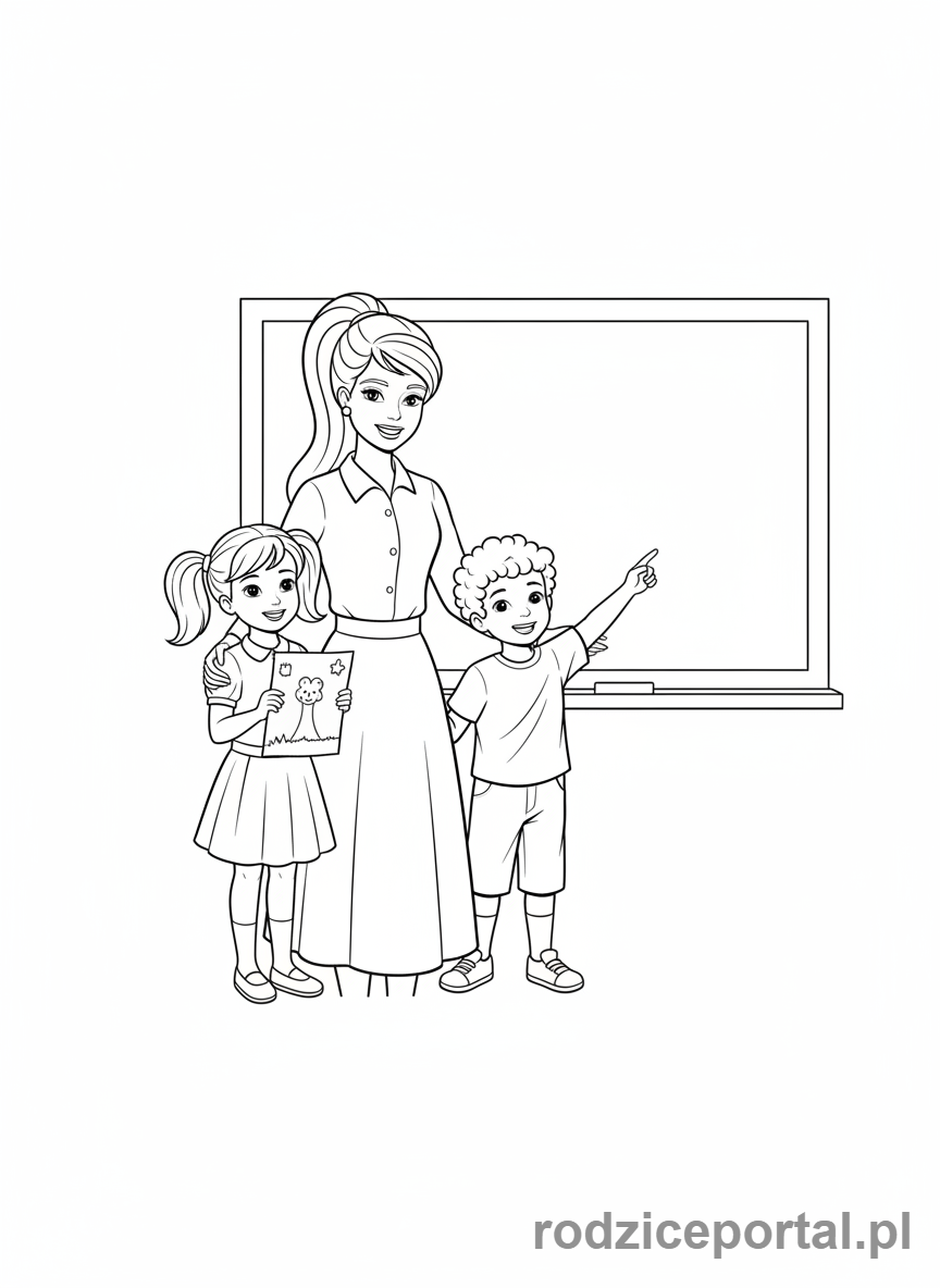 Kolorowanka Barbie - Barbie jako nauczycielka z uczniami.