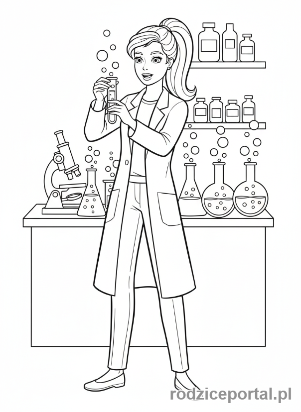 Kolorowanka Barbie - Barbie jako naukowiec w laboratorium.